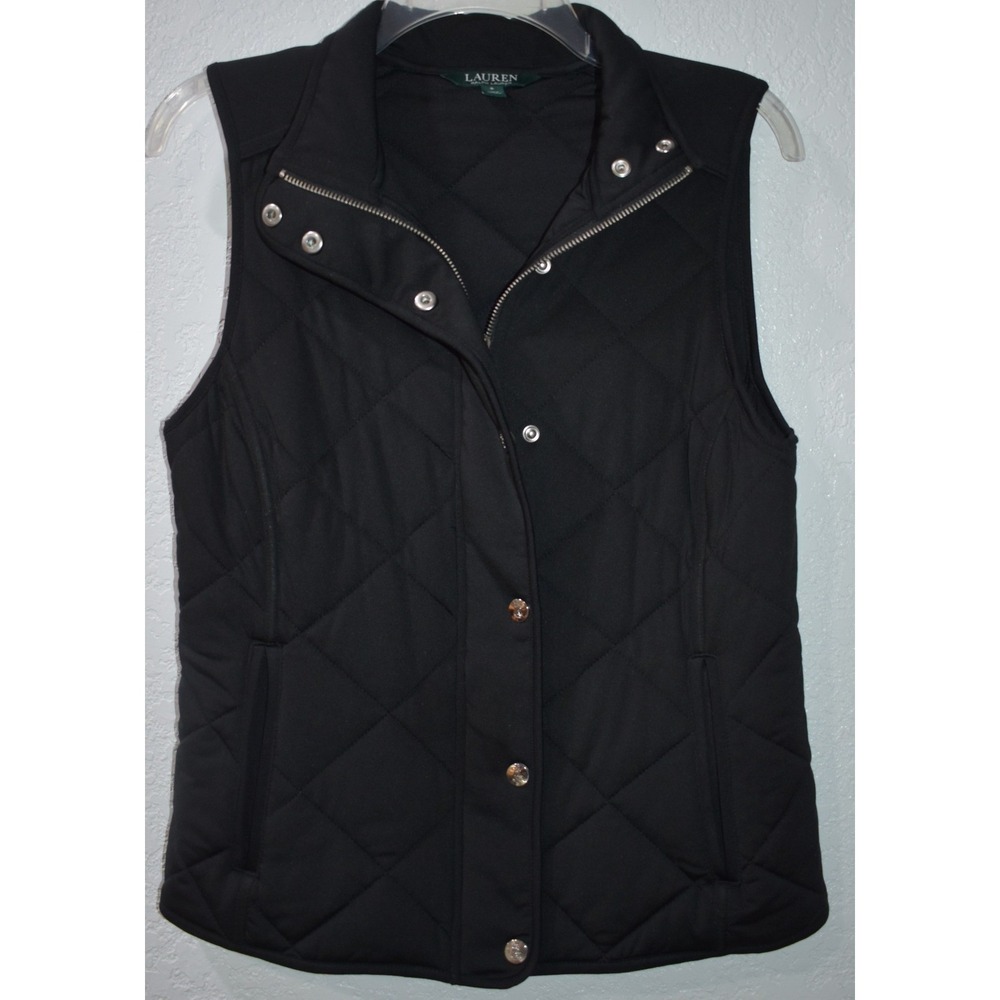 Lauren Ralph Lauren Quilted Vest Women Small Snap Zip Front Pockets Black Comfy